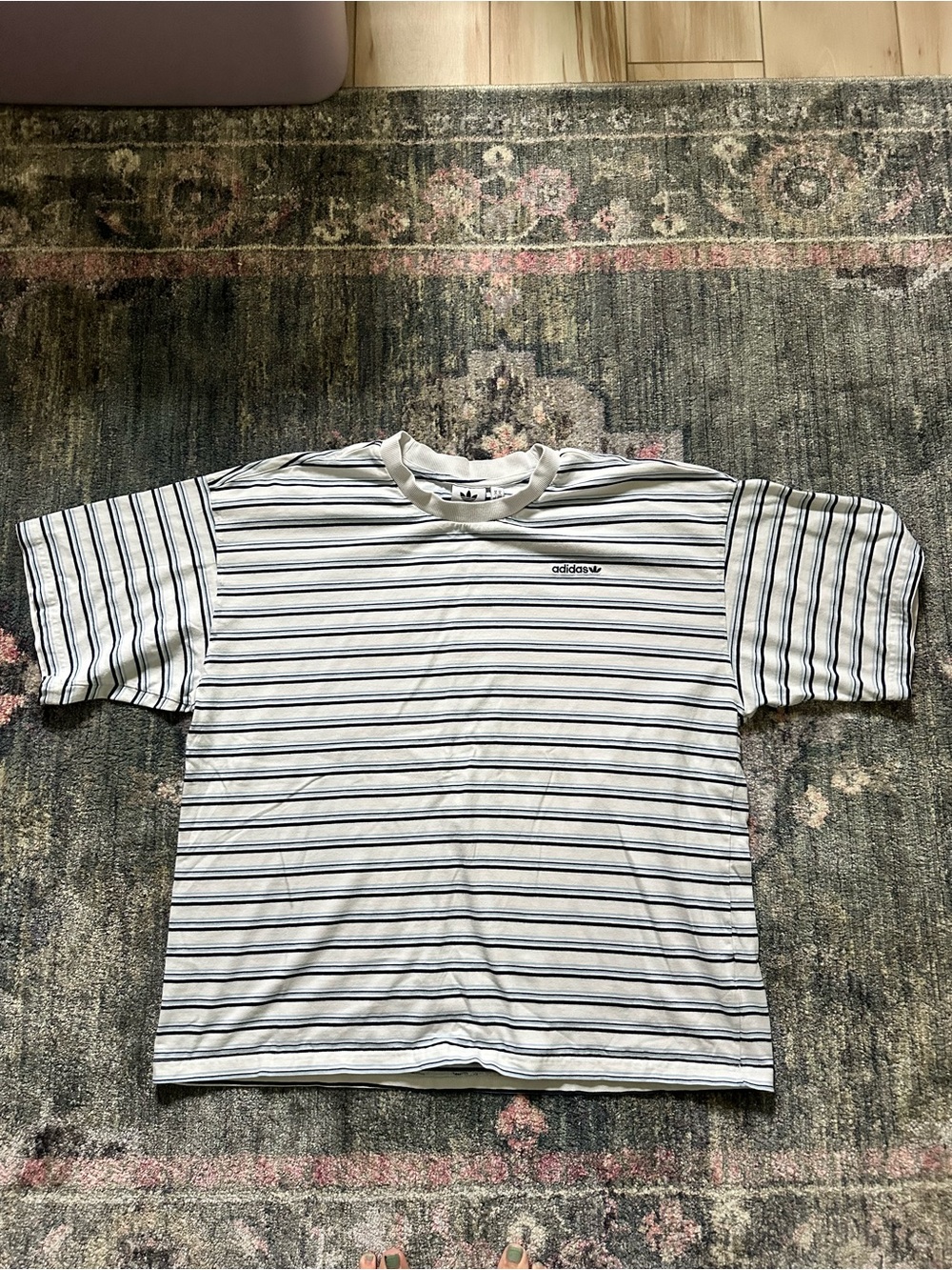 Retro adidas White Tee with Blue Stripes - Men's 80’s Short Sleeve XL Streetwear